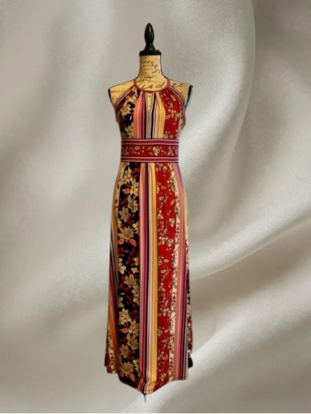London Times Sleeveless Red Floral Stripe Maxi Dress - Small